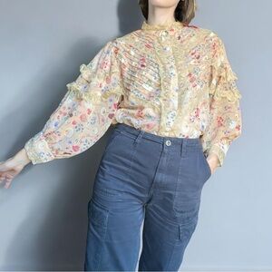 VICI Floral Aurora Yoke Blouse Lace Balloon Sleeve S